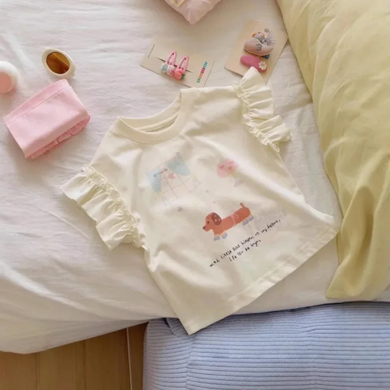 

2025 Summer New Sweet Cartoon Western Style Printed Flying Sleeve T-shirt