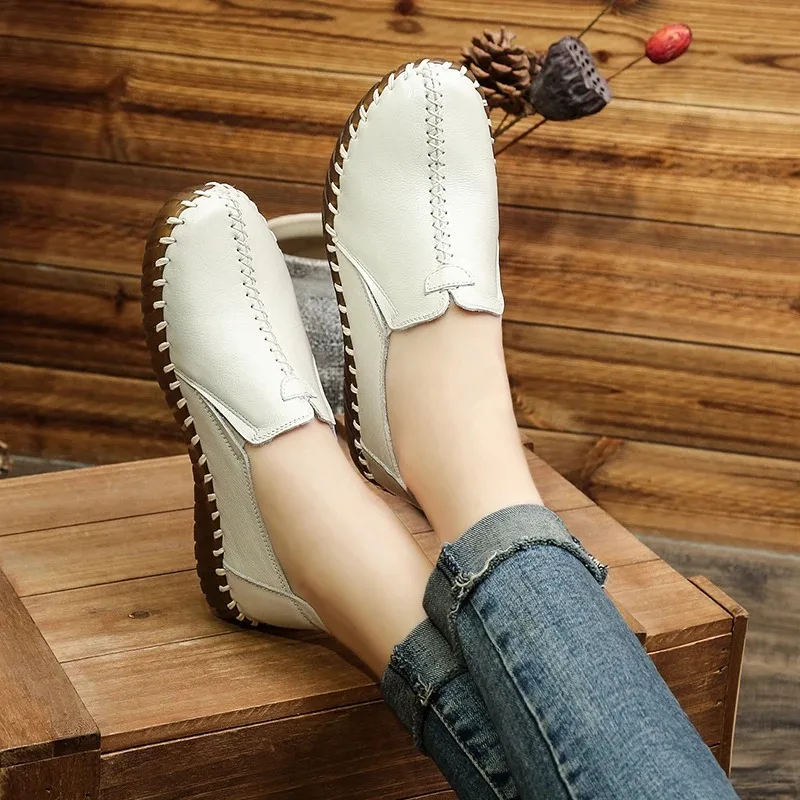 Ethnische V-Ausschnitt Perlenbesetzte Ballerinas Damen Schlichte Vintage Echtleder Mokassins Slip-On Loafer Elegante Alltagsschuhe für Mütter – Detail 23