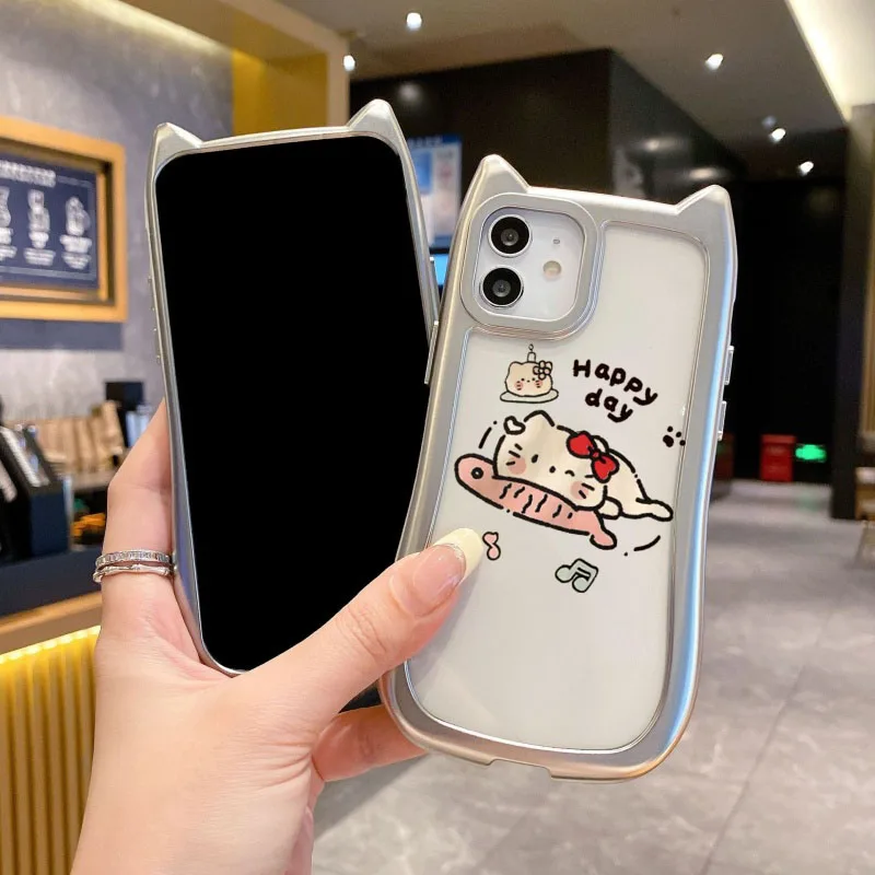 헬로키티 TPU 소프트 케이스 전기 도금 실버 고양이 귀 클리어 폰 케이스 아이폰 17 프로 맥스 16 15 14 13 12 11용
