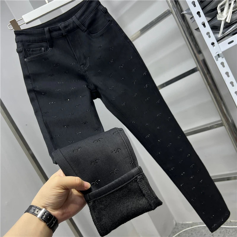 Thicken Fleece Black Jeans for Women New Autumn Winter Hot Drilling High Waist Pencil Pants Stretch Slimming Long Trousers