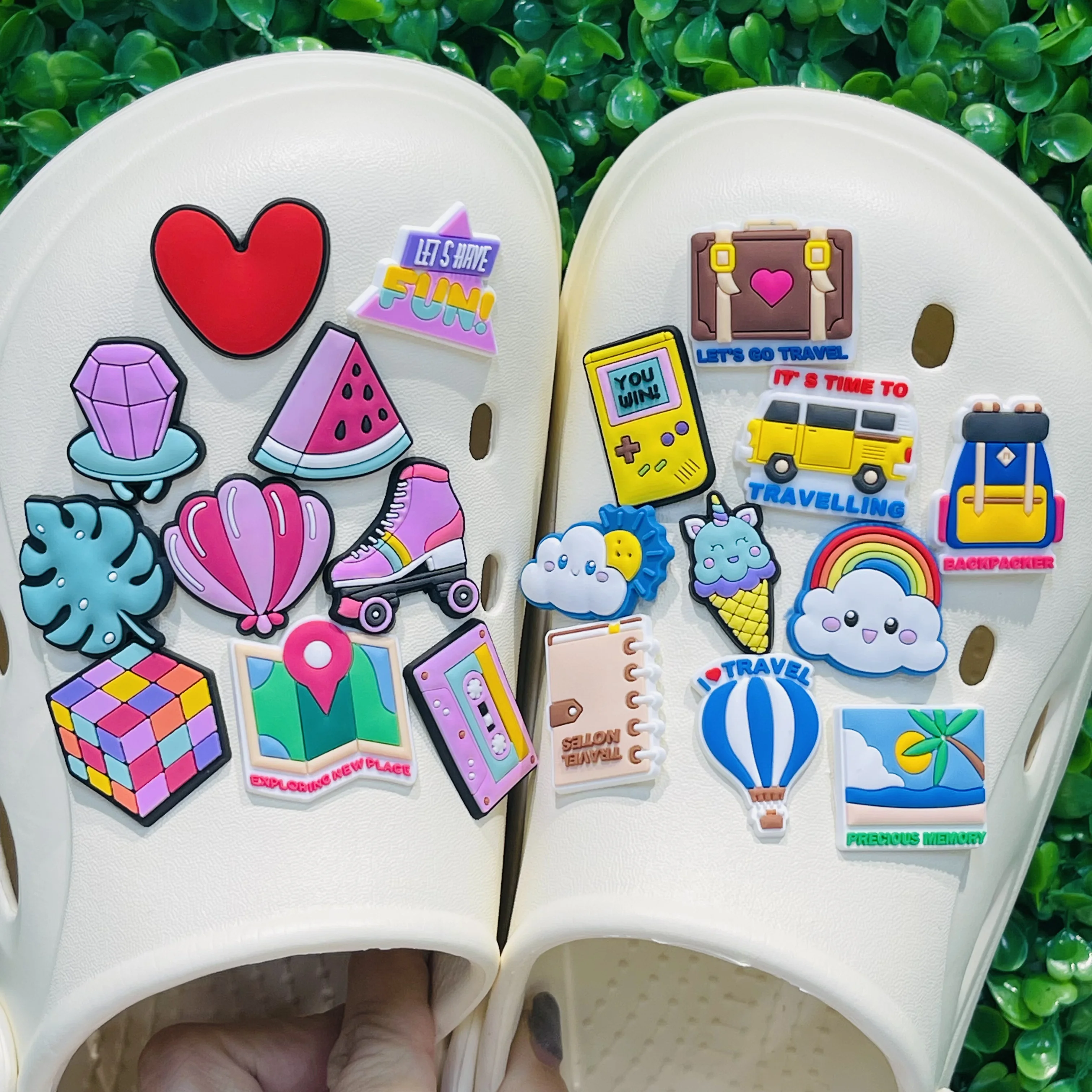 1-20Pcs Travel Notes Watermelon Tape Sandals Shoes Buckle Charms Rainbow Games Console Clog Decorations DIY Party Gifts