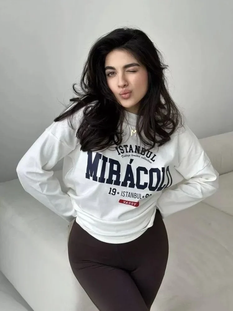 Faionable rond Ne Long Sve T-shirt ample imprimé haut en coton décontracté pour les femmes confortable respirant vêtements d'automne