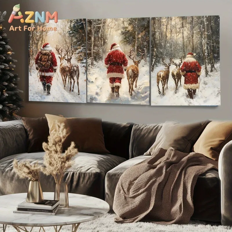 3PC Christmas Posters, Depicting Santa Claus and His Reindeer Walking Through A Snowy Wnter Forest, Creating A Festive Christma