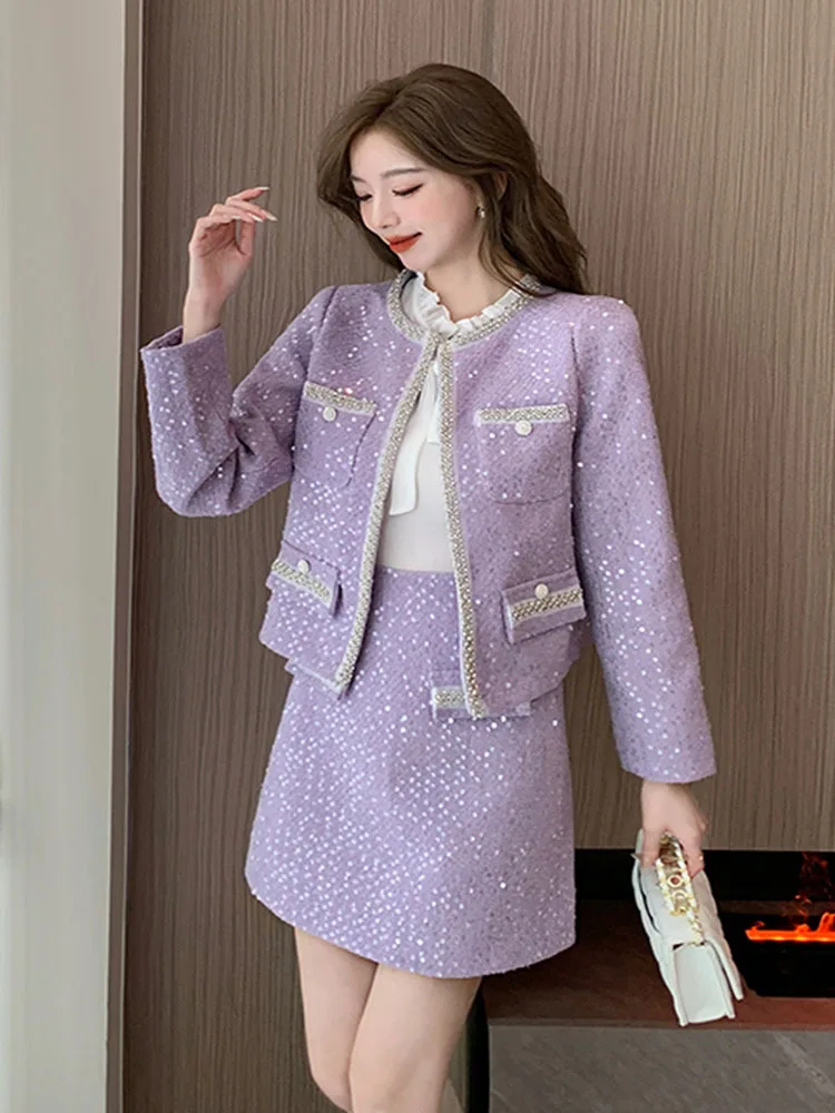 Blazer Suits Mini Skirts Sets Women Plaid Short Two Piece Set Autumn Pink White Slim Tweed Jacket Half Skirt Female Two-piece