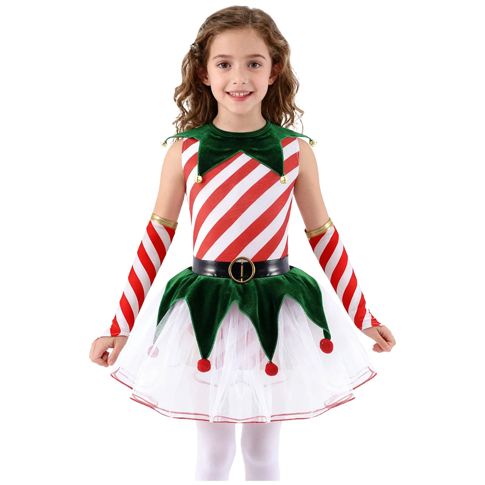 

Kids Girls Christmas Santa Claus Stripes Dress Sleeveless Print Bells Pompom Mesh Tutu Dress with Stripe Oversleeves Xmas Outfit