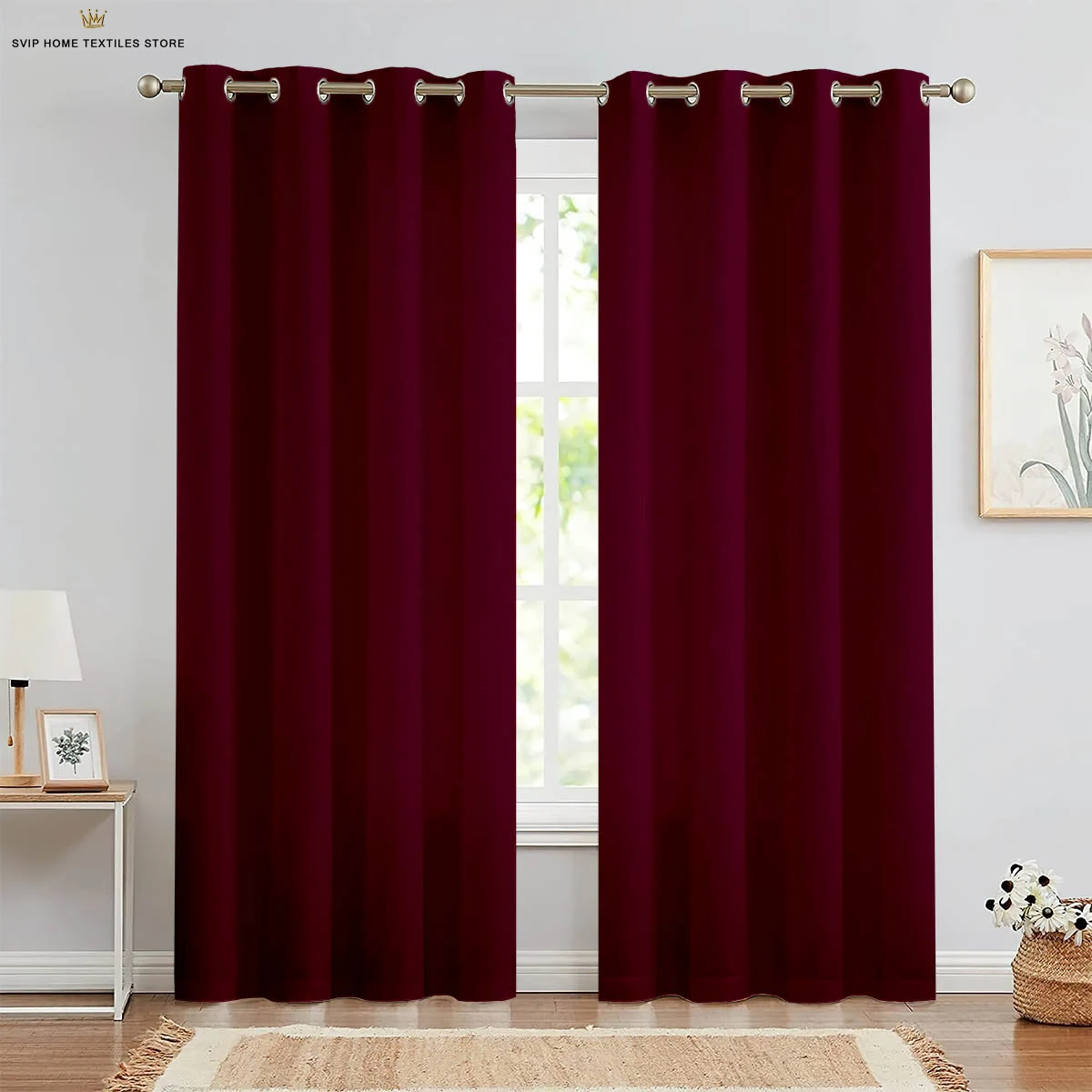 

2 Pieces Window Curtains Dark Red Solid Color Printed Curtain Rod Pocket Bedroom Living Room Kitchen Decorative Curtains