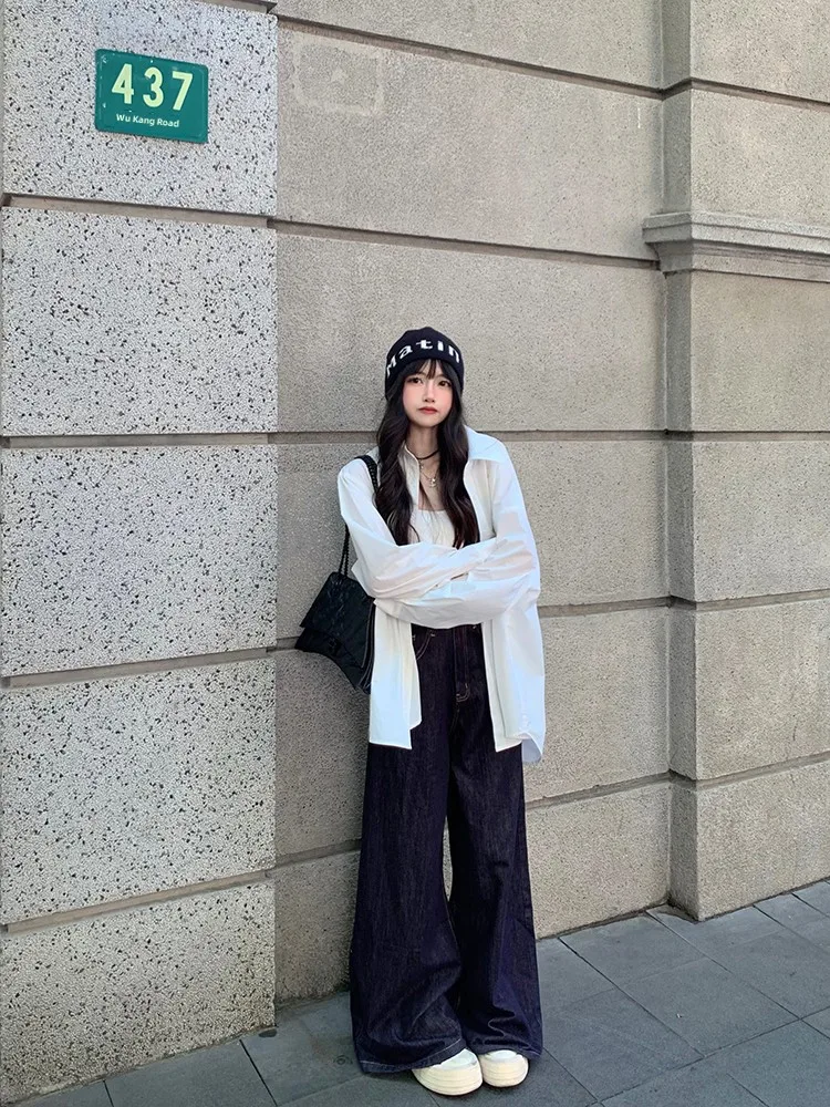 

Винтажные джинсы Cuitcuit с высокой талией и широкими штанинами, свободные драпированные прямые брюки длиной до пола, женские джинсы