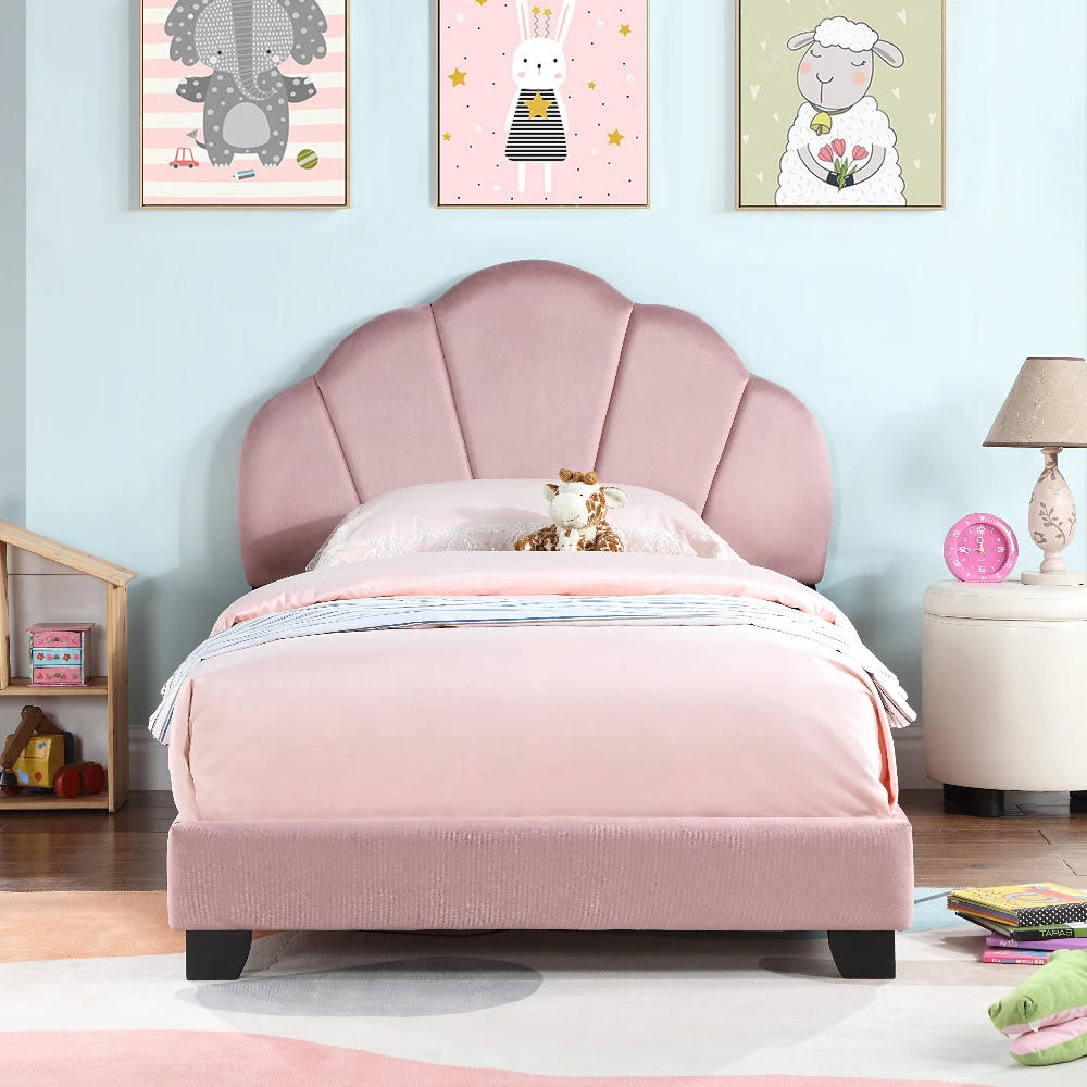 Upholstered Twin Size Platform for Kids, Wooden Bed Frame with Slatted  Base, Cute Bed Frame with Shell Design Headboard