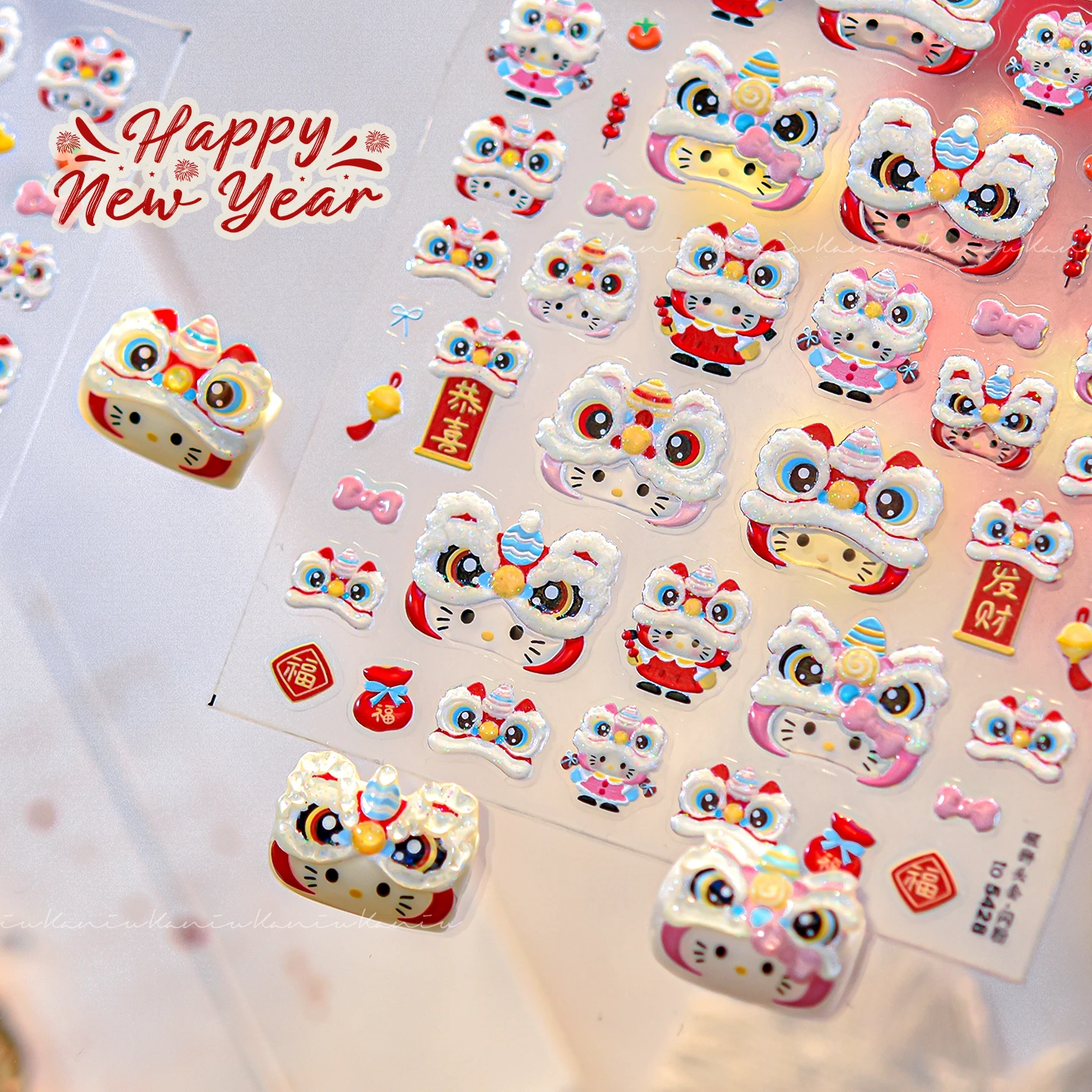 1 unidad de pegatinas 3D para uñas en relieve, Año Nuevo Chino 5D, danza del León, patrón de tela de poni, calcomanías para manicura, gato de la suerte, Dios de la fortuna, arte de uñas