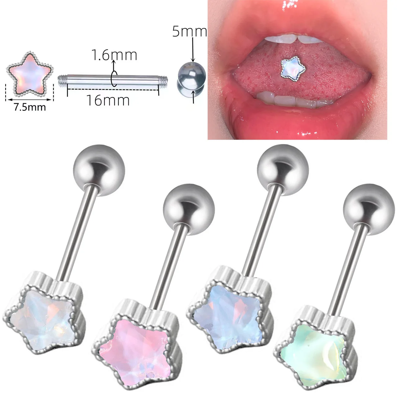 New Pentagram Aurora Tongue Stud Magic Color Gradual Change Candy Color Stainless Steel Perforated Tongue Ring Piercing Jewelry