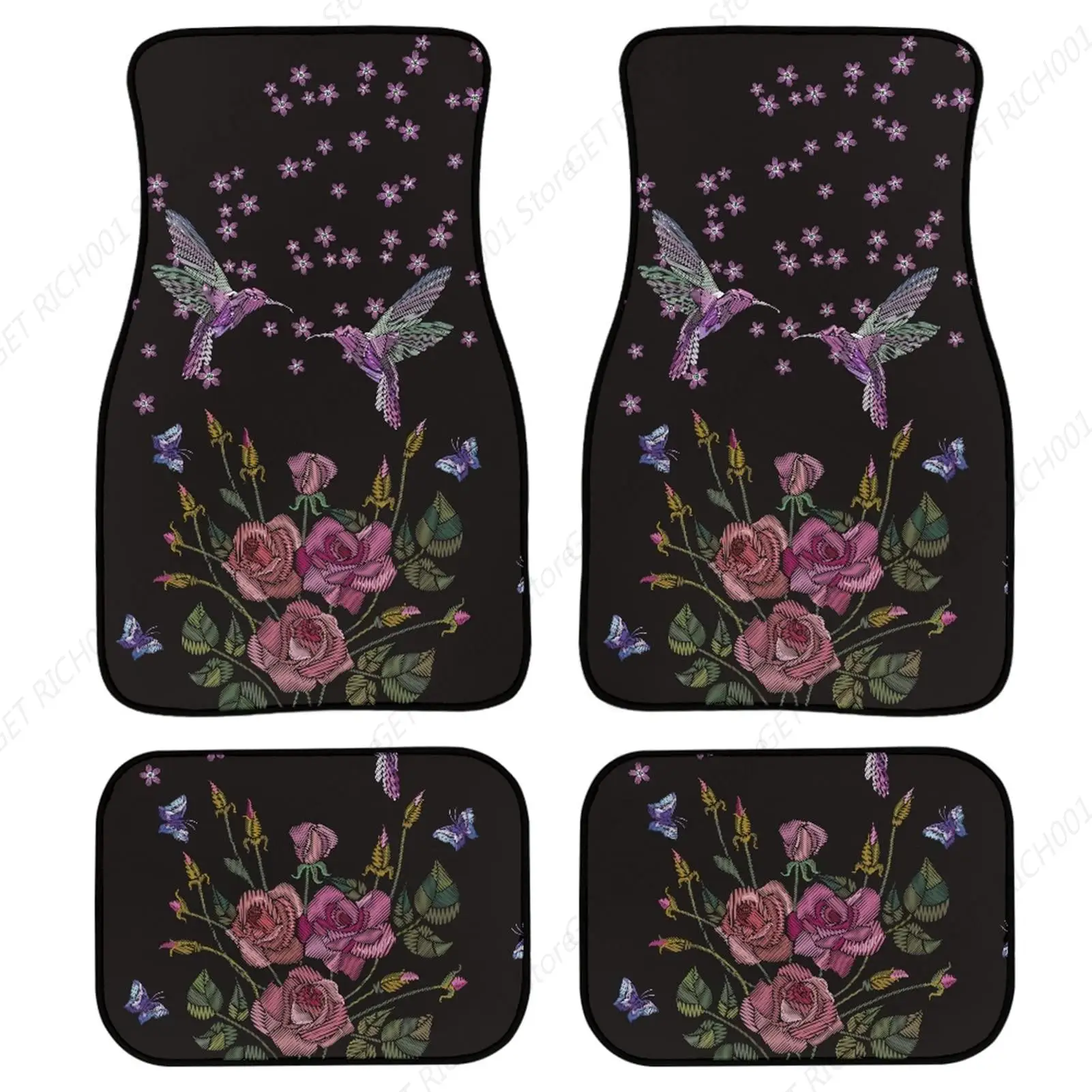 Hummingbird Floral Car Floor Mats, 4 Piece Set Rubber Anti-Slip Floor Mat For Sedan,Vans,Sedan,Rv,Trucks Decorative Accessories