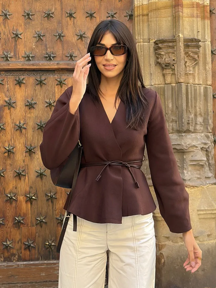 

HH Woman's Fashion High Street Tops V-Neck Belt Decoration Jacket Women Autumn Casual Long Sleeve Solid Knitted Cardigan Trendy