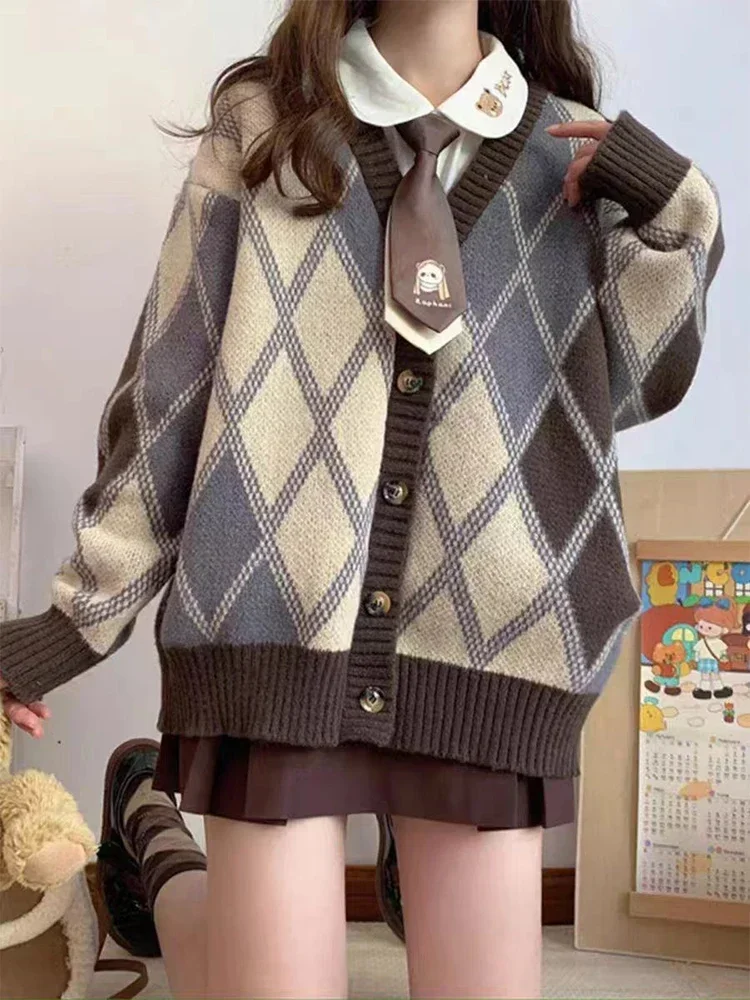 Women\'s Checked Cardigan Knitted Sweater Harajuku Y2k Long Sleeves V-Neck Sweater Jumper Vintage 2024 Aesthetic Clothes Autumn