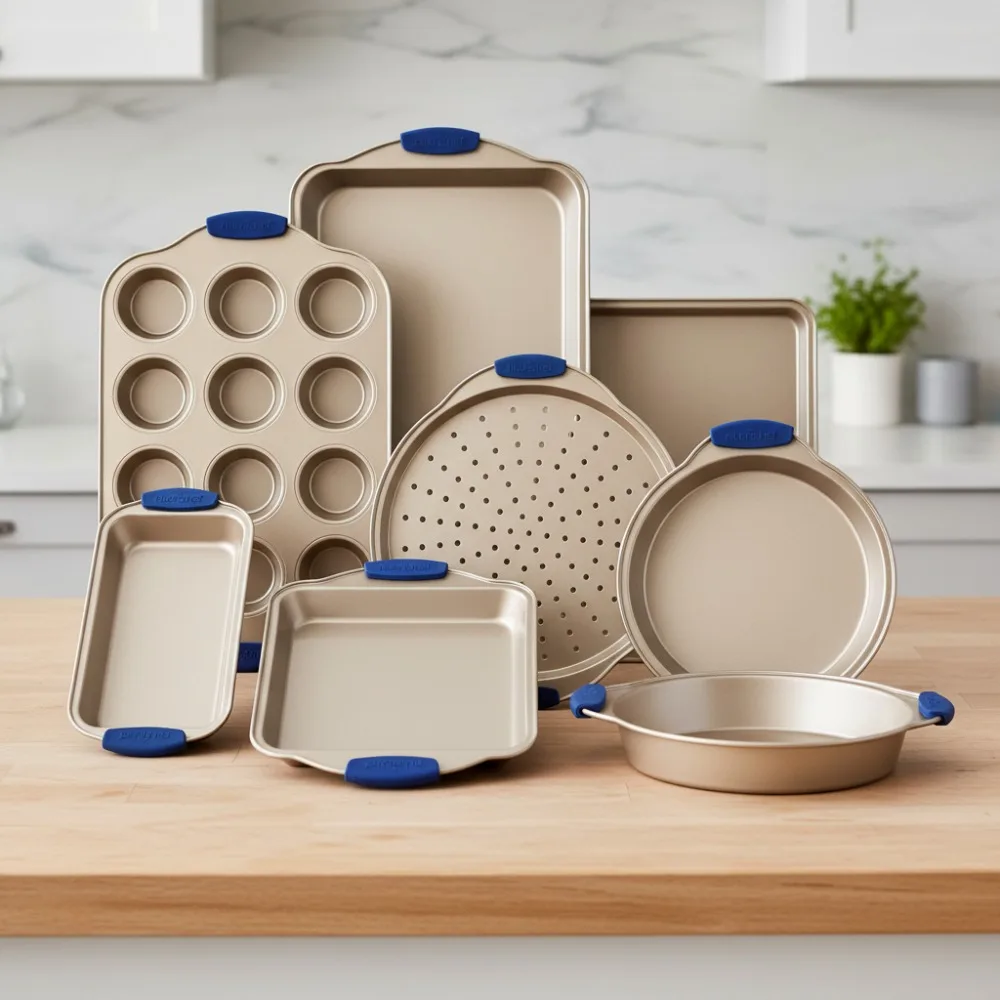 

Набор форм для выпечки с антипригарным покрытием из 8 предметов — формы для выпечки из углеродистой стали с синими силиконовыми ручками, сейф для духовки 450 ° F для домашних пекарей