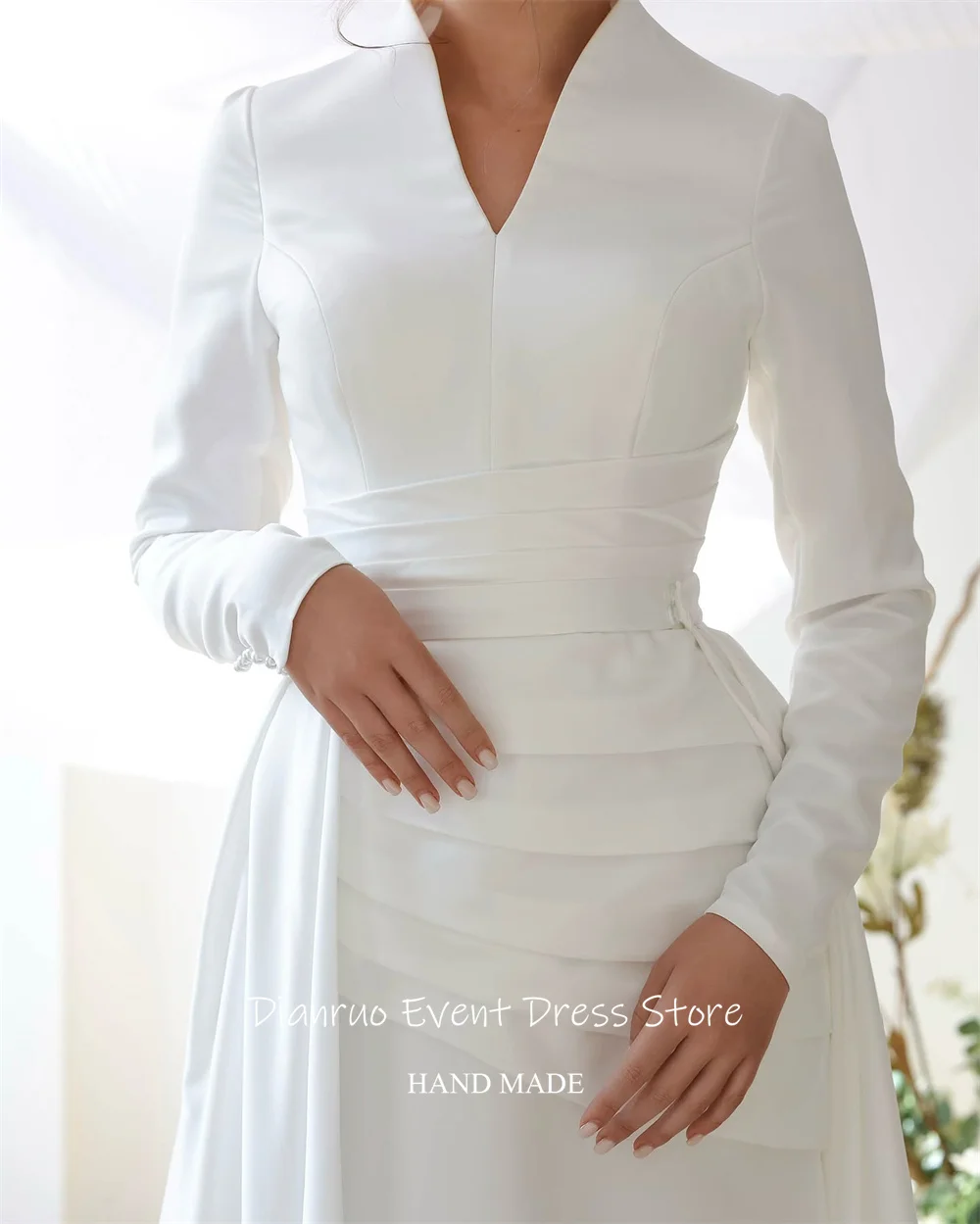 Dianruo Elegante scollo a V abito da sposa bianco in raso A Line Vestido De Noiva romantico abito da sera lungo fino al pavimento increspato personalizzato