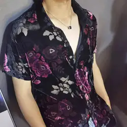 Fashion Transparent Floral Shirt Masculine Velvet Slim-fit Shirt Mens Short-sleeved Clothing See-through Nightclub Purple Shirt