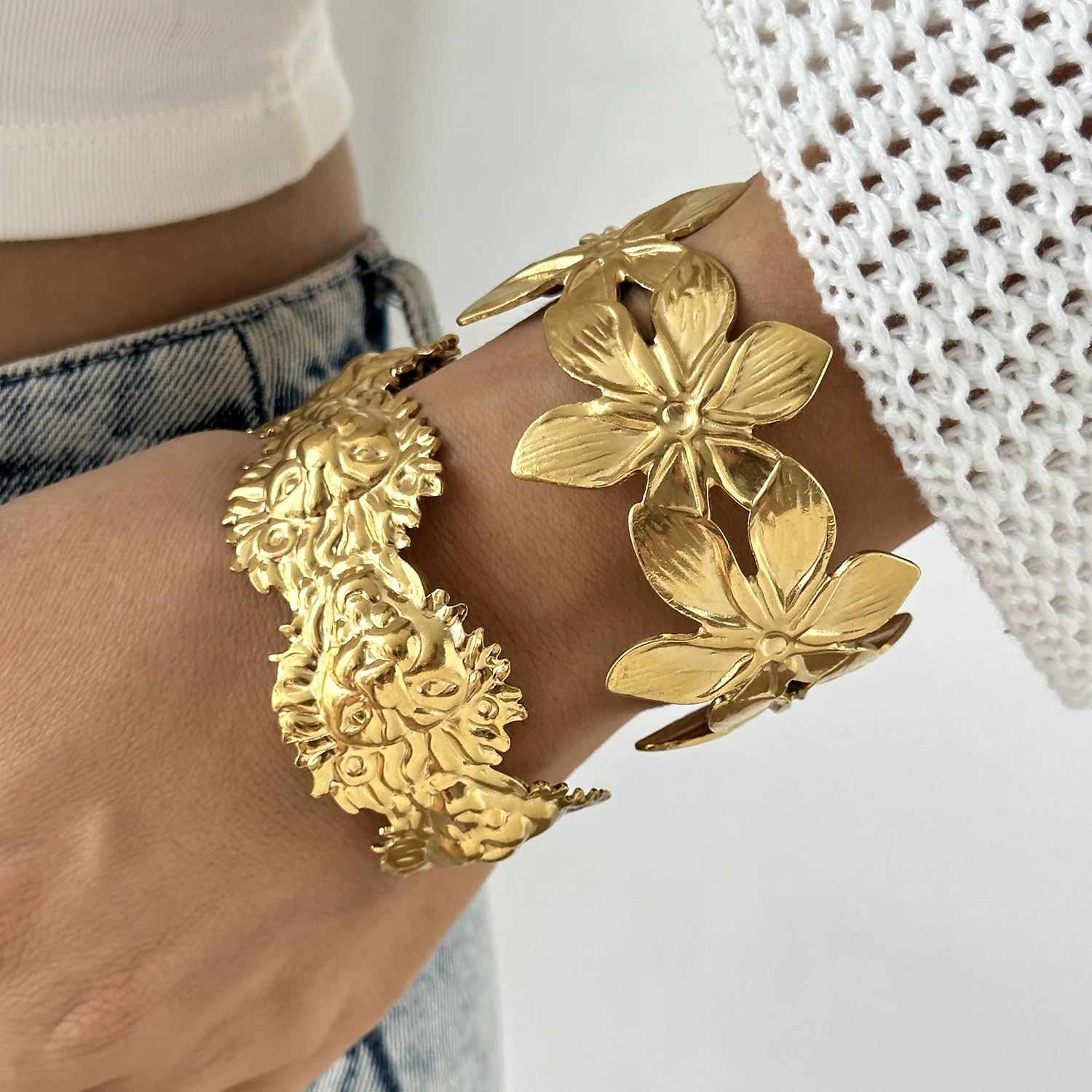 Vintage Gold Flower Leaves Stainless Steel Bangle for Women