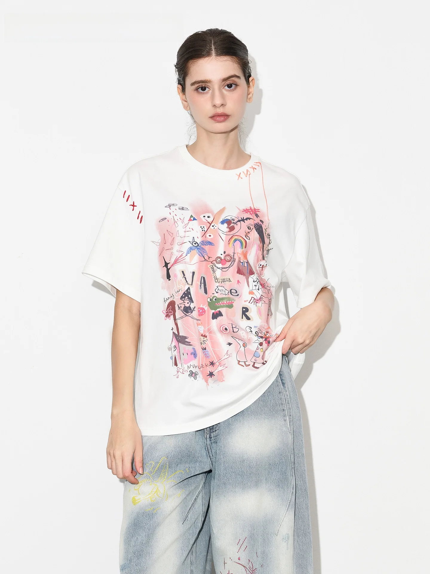 Camiseta Casual de Algodón Valeria Obbaco para Mujer, Holgada, de Manga Corta, con Estampado y Bordado, Cuello Redondo, Moda Verano 2026