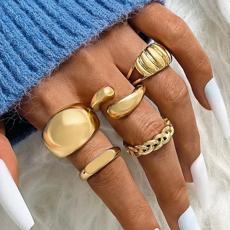 5Pcs/Set Fashion Gold Color Chain Pattern Ring Sets for Women Men Vintage Classic Irregular Adjustable Rings Jewelry Gifts 2024