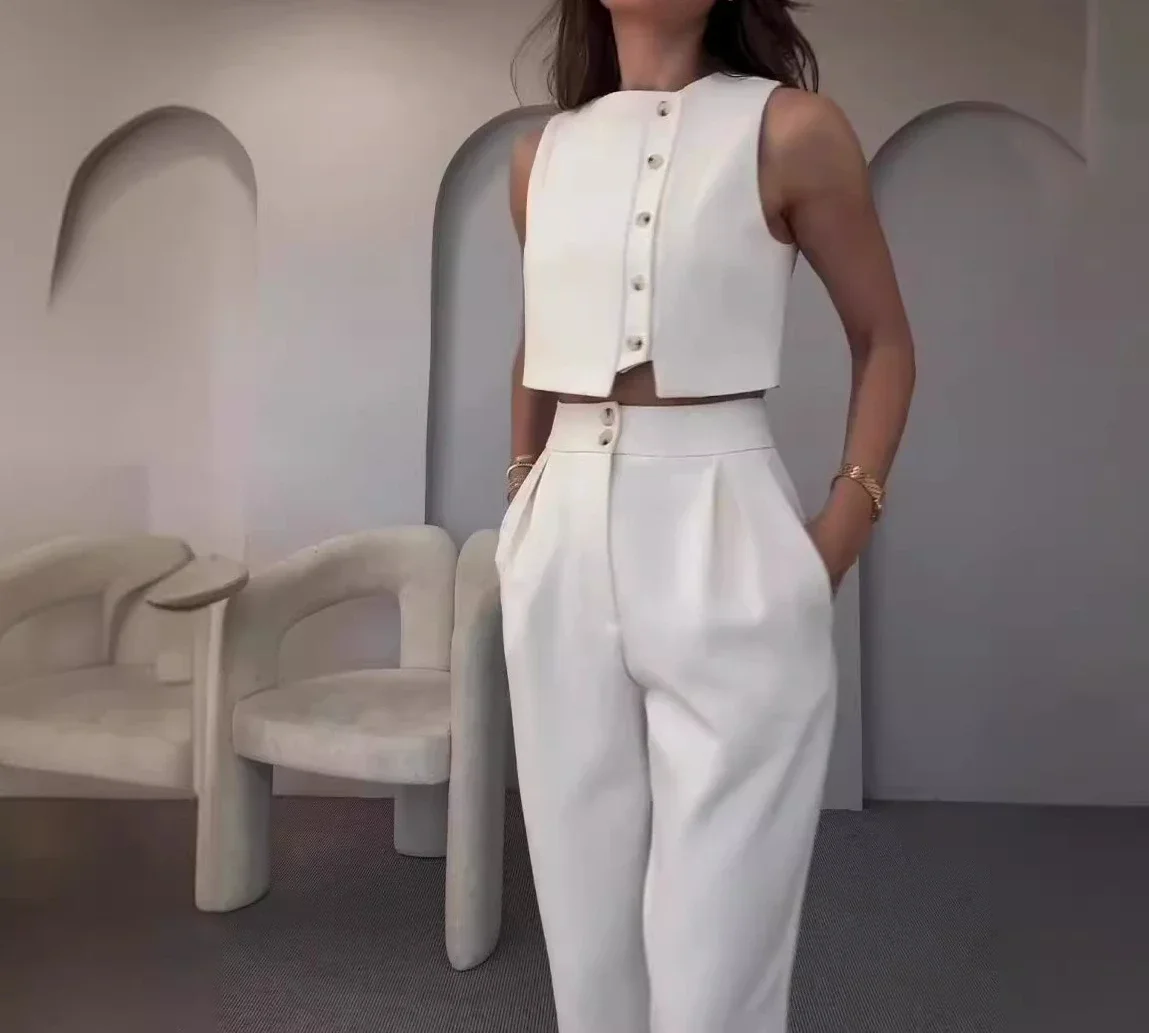 

2 Piece Sets Womens Outfits Summer 2024 New Sleeveless Vest Top High Waisted Straight Leg Pants Y2k Solid Color Suit for Female