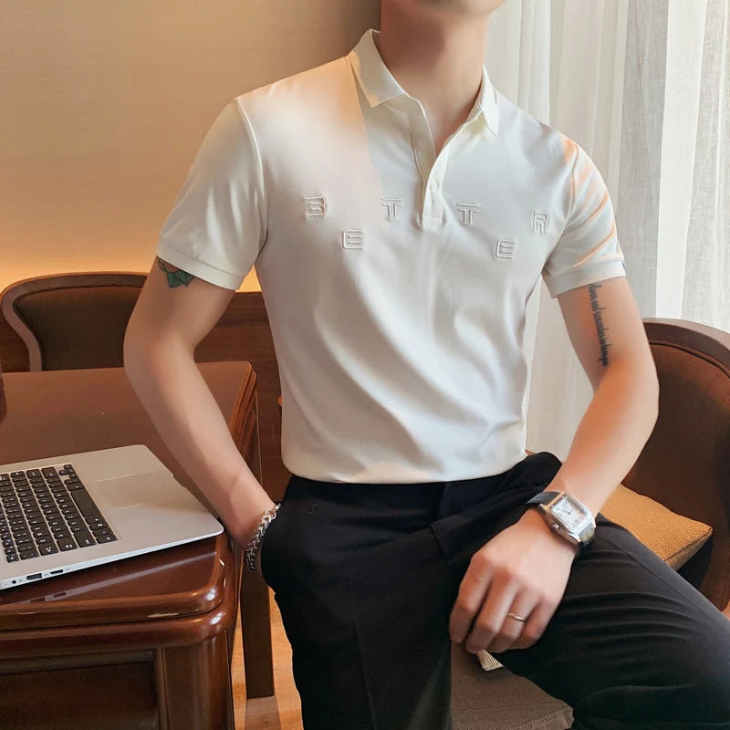 

Handsome Simple Young Summer Style Men's Solid Color Slim POLO Shirt Monogram Embroidery English Short Sleeve Lapel Button Top