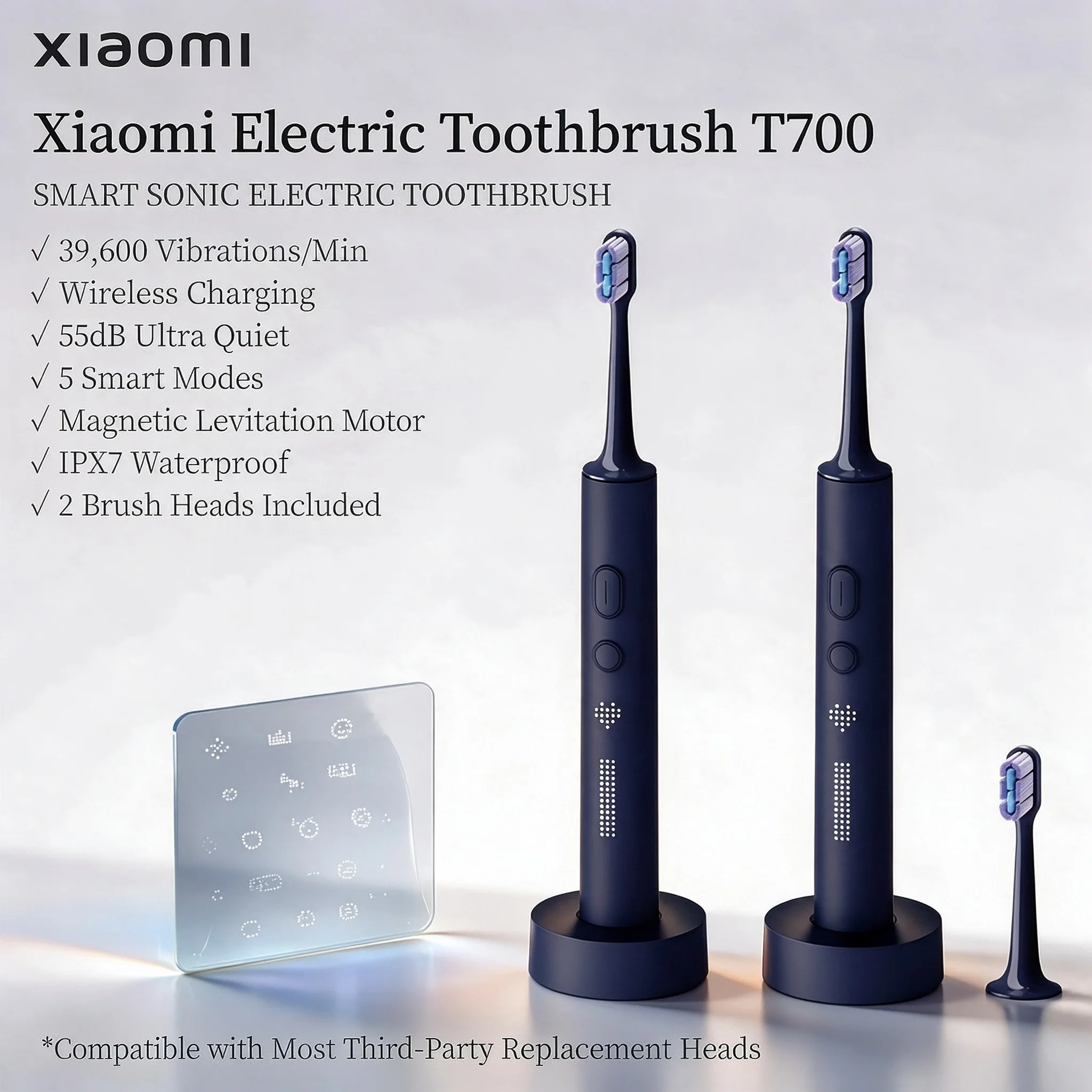 Electric Toothbrush Xiaomi T700 Sonic Toothbrush 39600VPM Magnetic Levitation Soft Bristles APP Control Pressure Screen Wireless