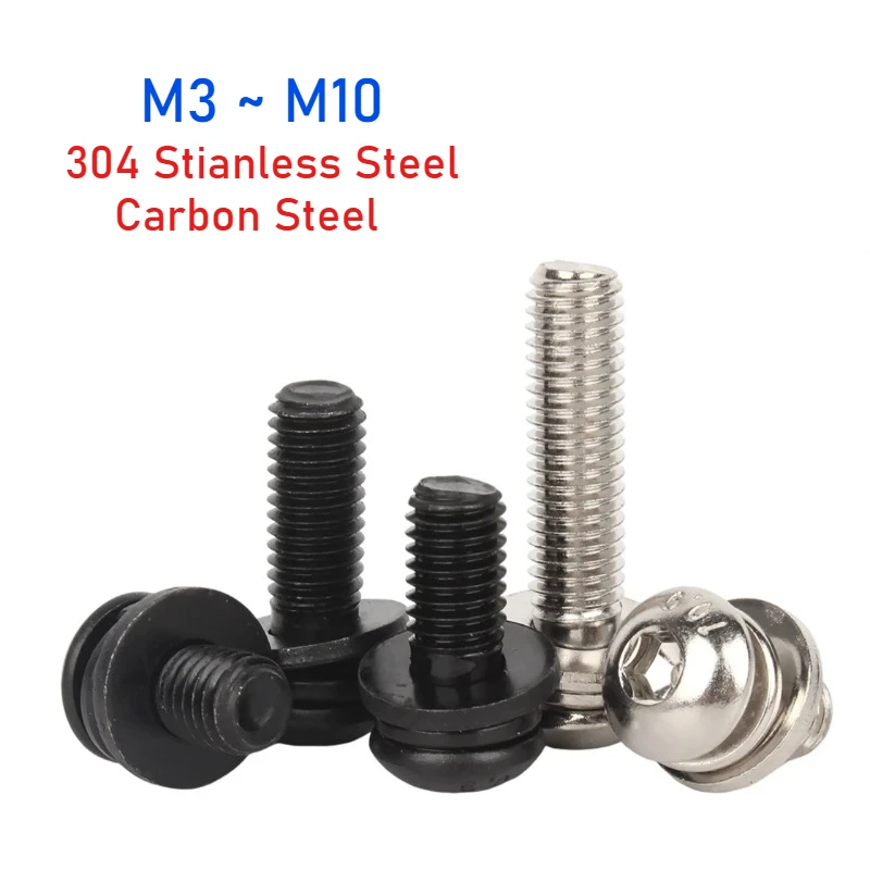 

M3~M10 304 Stianless Steel Carbon Steel Hex Hexago Round Head Screw with Washer Three Combination Machine Allen Bolt