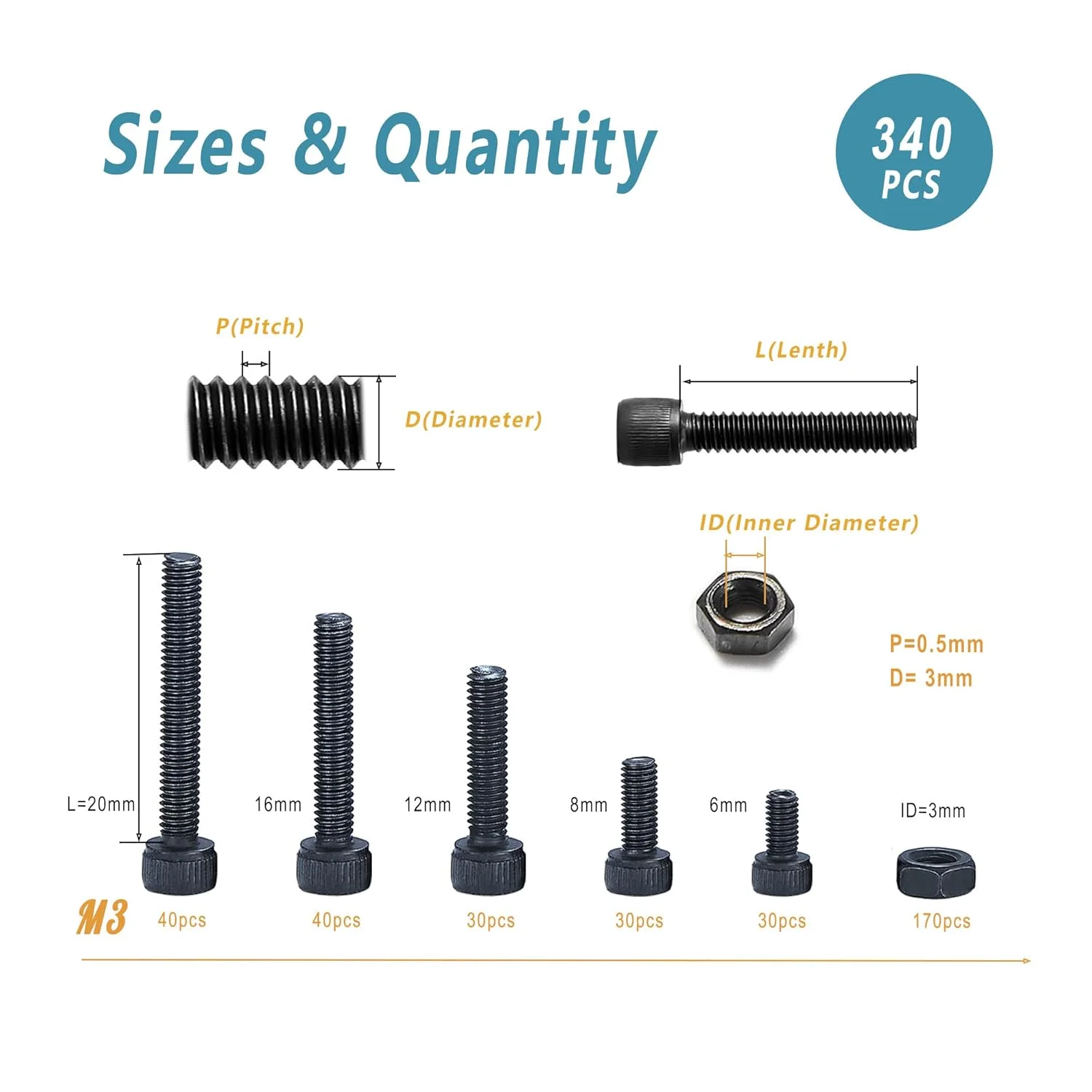 Metric Screws Assortment,340 Pcs M3 Screw Kit, Suitable for DIY, 12.9 Grade Alloy Steel Hex Socket Head Cap Bolts Nuts Kit