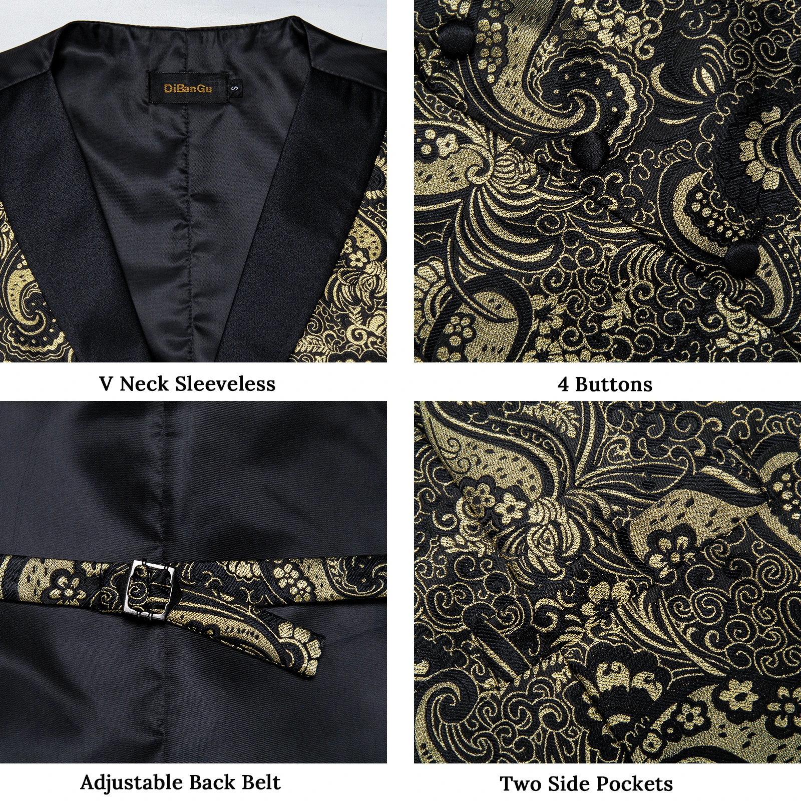 Men\'s Paisley Silk Suit Vest with Macthing Golden Paisley Neck Tie Handkerchief Cufflinks Wedding Prom Tuxedo Waistcoat