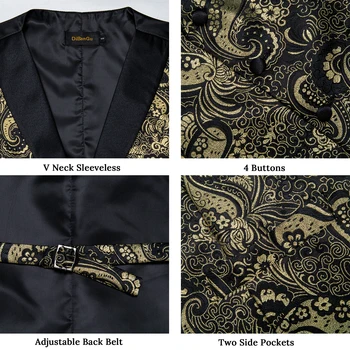 Men's Paisley  Suit Vest with Macthing Golden Paisley Neck Tie Handkerchief Cufflinks Wedding Prom Tuxedo Waistcoat 5