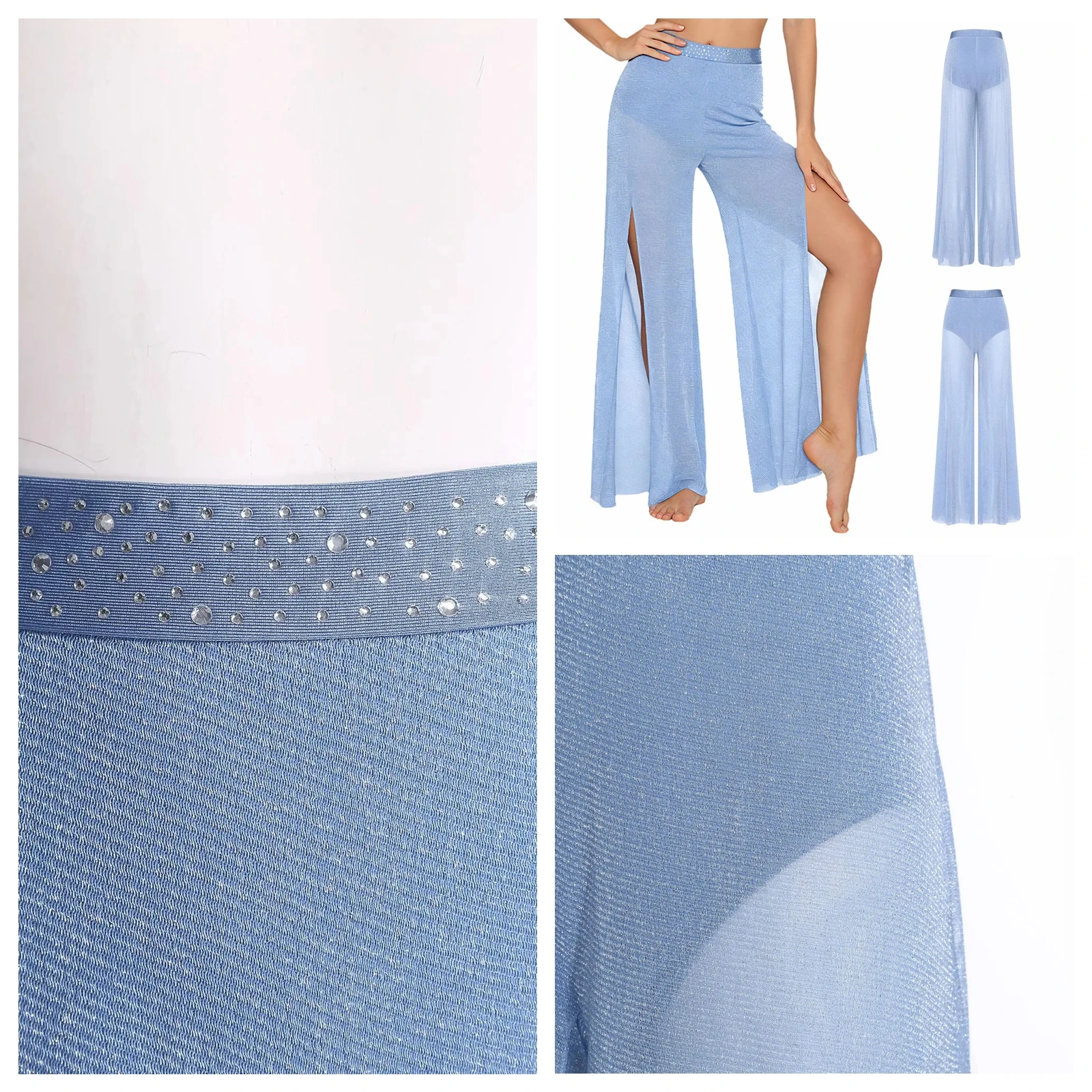 Womens Lyrical Dance Pants Mesh Wide Leg Pants Modern Contemporary Dancewear Trousers Ballroom Dancing Stage Performance Costume