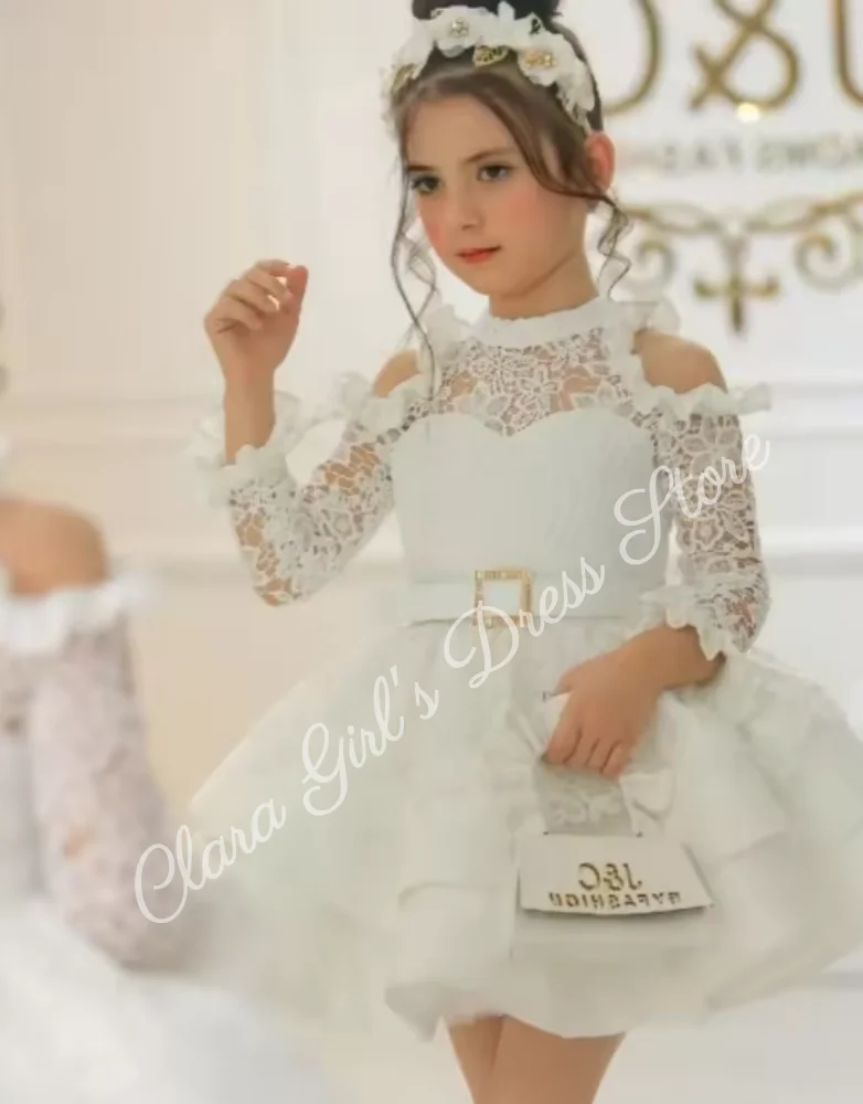 Vestido elegante de princesa con flores para niña, vestido de boda de encaje hasta la rodilla de satén para niña, vestido de primera comunión para fiesta de cumpleaños