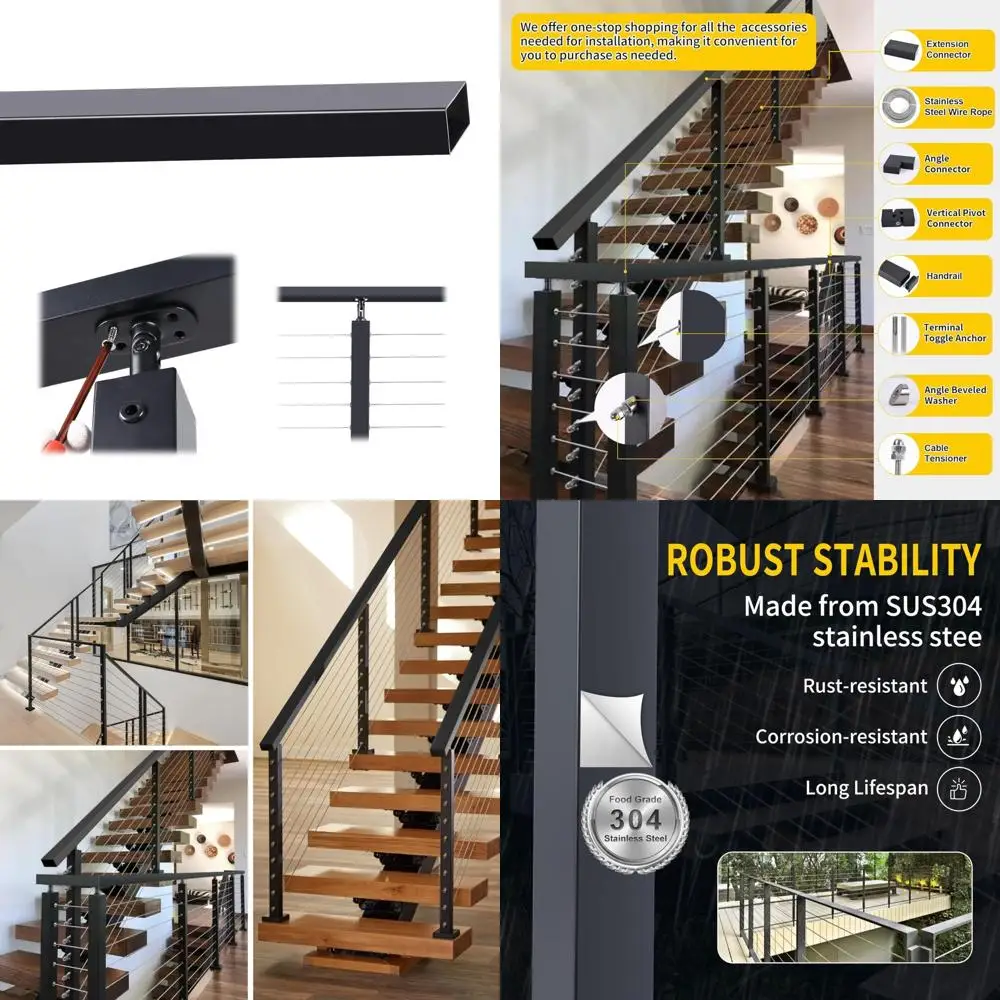 

Stainless Steel Cable Railing System with Black Rectangular Top Rail, 6'4 Handrail, Suitable for Indoor and Outdoor Deck and Sta