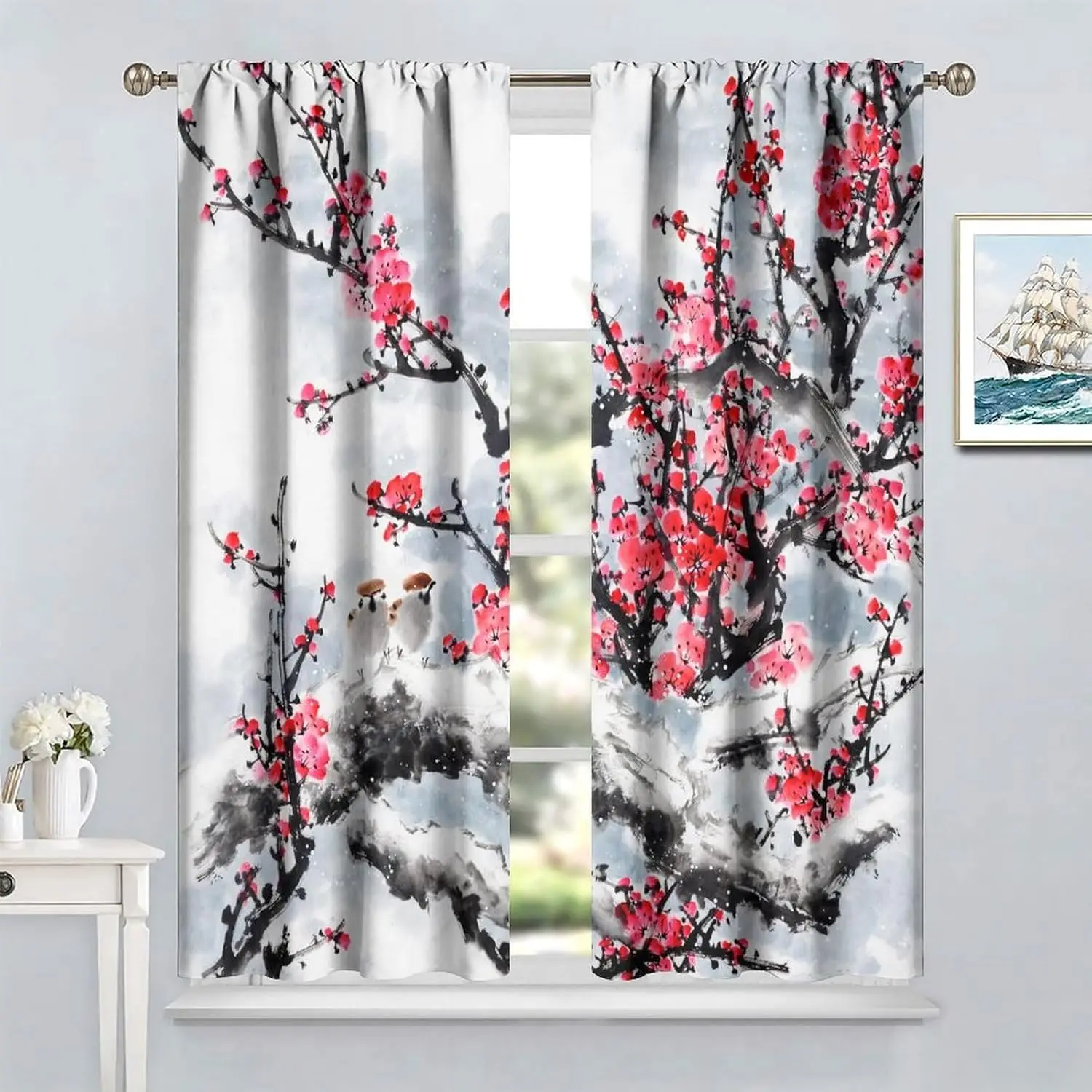 Asian Cherry Curtains,Orient Japanese Traditional Ink Painting Natural Landscape Window Drapes,Red Floral Home Bedroom Curtains