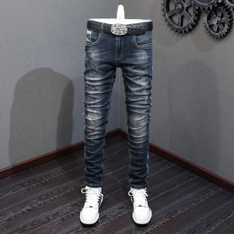 

Italian Style Fashion Men Jeans High Quality Retro Black Blue Elastic Slim Fit Ripped Jeans Men Vintage Designer Pants Hombre