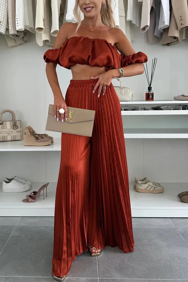 2025 Zomer Vrouwen Sexy 2 Delige Set Off-shoulder Mouwloze Boob Tube Top + Wijde Pijpen Broek Set Fashion Party Casual Broek Outfit