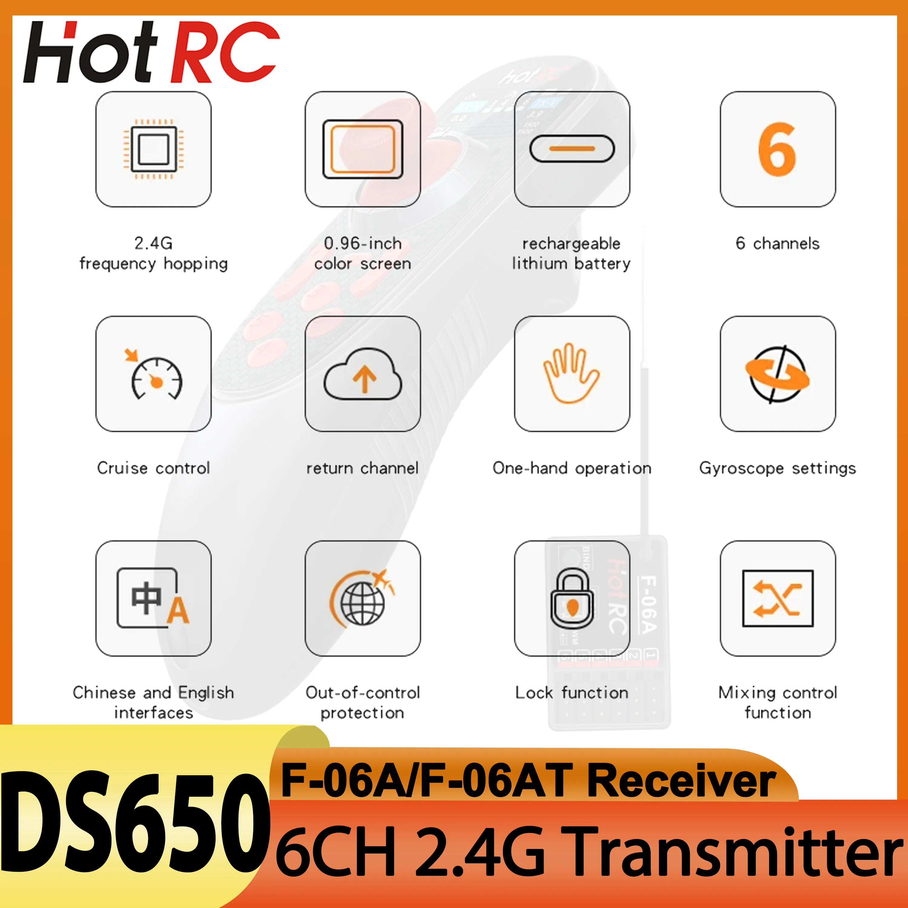 HOTRC DS650 DS-650 6-kanałowy pilot zdalnego sterowania 2.4G do łodzi RC z kolorowym ekranem, nadajnik i odbiornik F-06A z powrotem sygnału napięciowego do czołgu, samochodu, statku