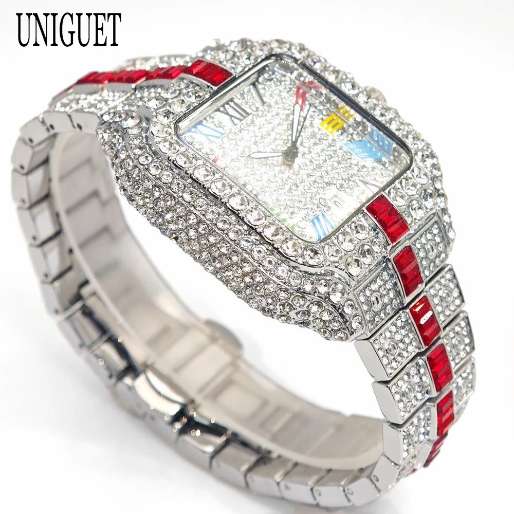UNIGUET orologio con diamanti di lusso per uomo moda quadrante arcobaleno orologio al quarzo da uomo Hip Hop ghiacciato orologio da polso quadrato regalo maschile caldo