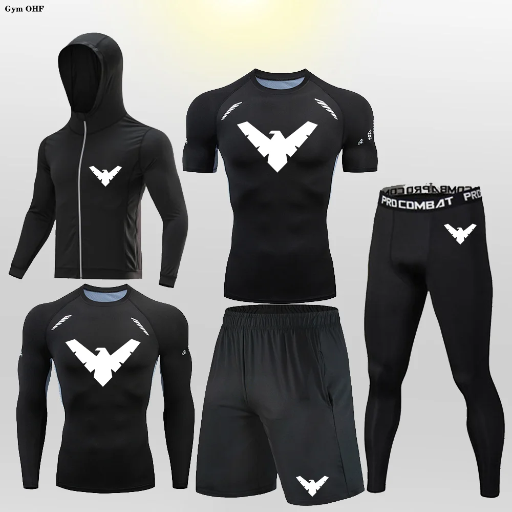 Nightwing Men Tracksuit T Shirts+Pants Suit Mens Long Sleeve Shirt Compression Sets Fitness Bodybuilding MMA Rashguard Sportsuit