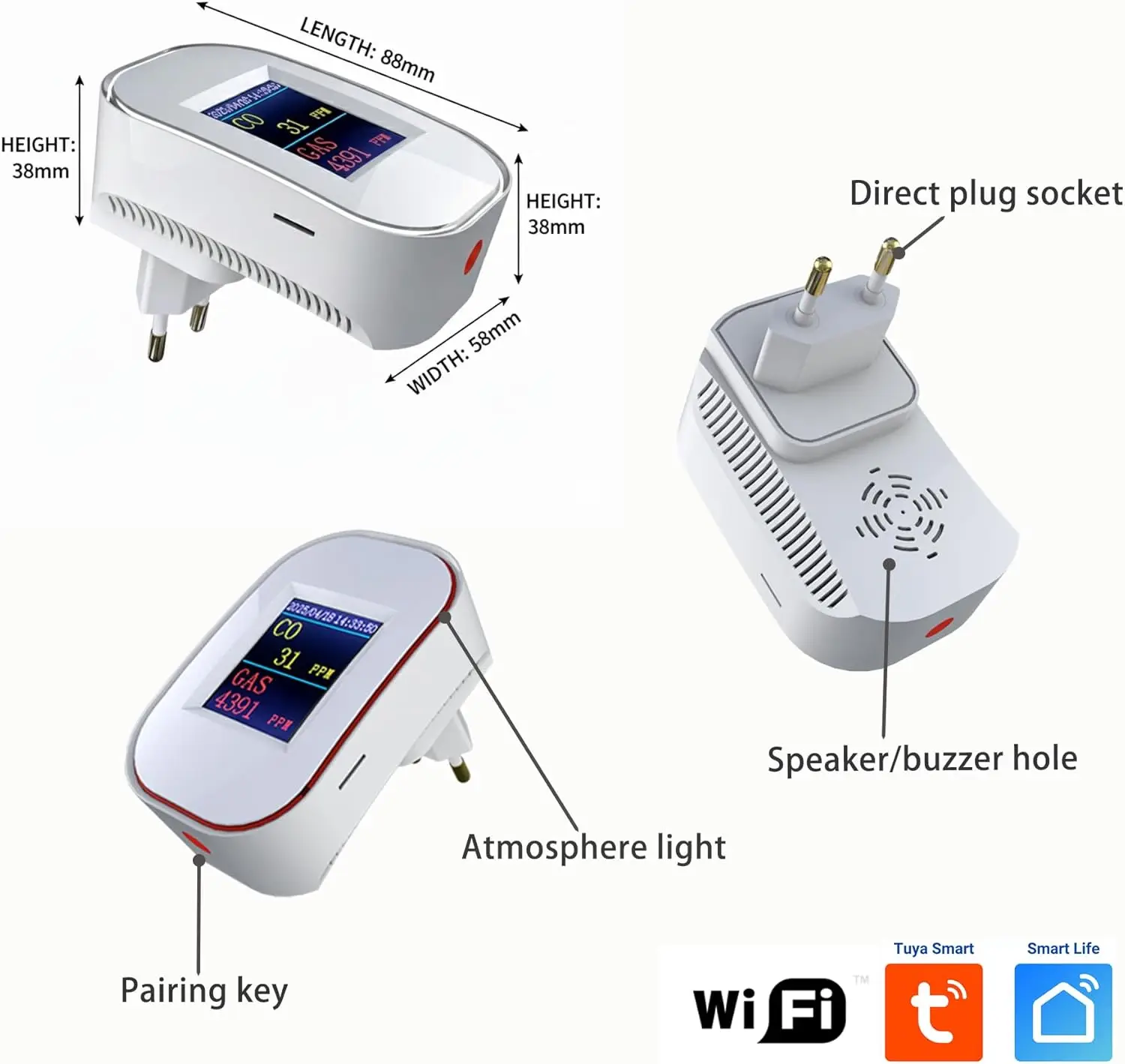Tuya Smart Life الغاز الطبيعي المشارك تسرب كاشف أول أكسيد الكربون واي فاي Ch4 الميثان تسرب قابل للاحتراق الفحم جهاز استشعار إنذار المنزل للغاز