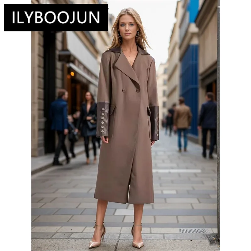 

ILYBOOJUN Spliced Double Breasted Windbreaker For Women Lapel Long Sleeve Minimalist Temperament Long Coats Female Clothes