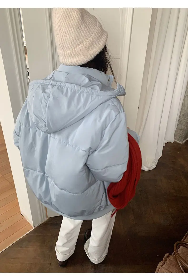 Korean Style Thickened Puffer Jacket for Women Loose Fit Warm Padded Coat Students Winter Solid Color All Match Hooded Parkas