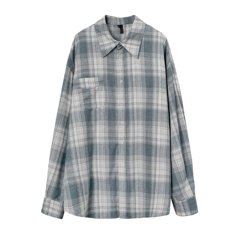 Awen Korean Plaid Shirts Womens Vintage Oversized Long Sleeve Loose Female Blouses and Tops Cotton Checked Lady Casual Shirts