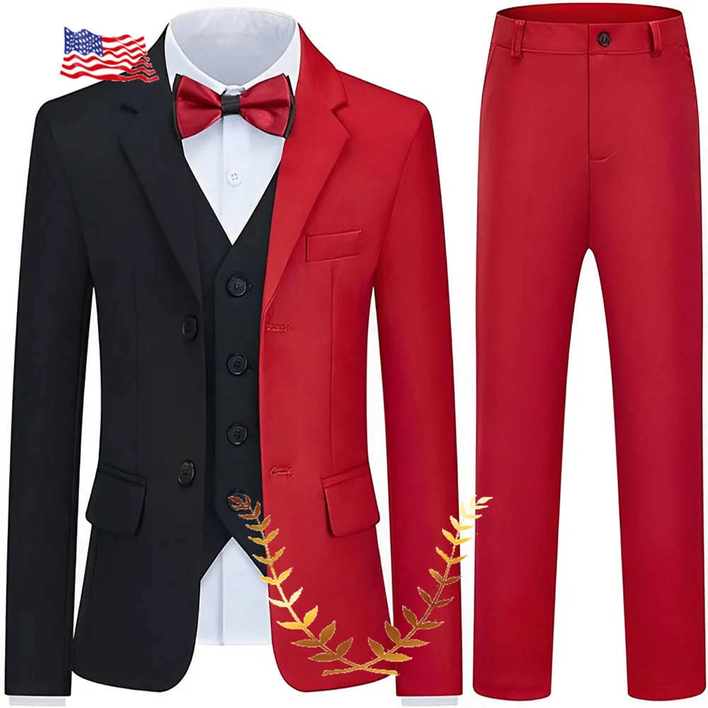 Color Block Boys Suit 3 Pieces Jacket Pants and Vest Formal Kids Tuxedo Slim Fit Casual Blazer Outfits