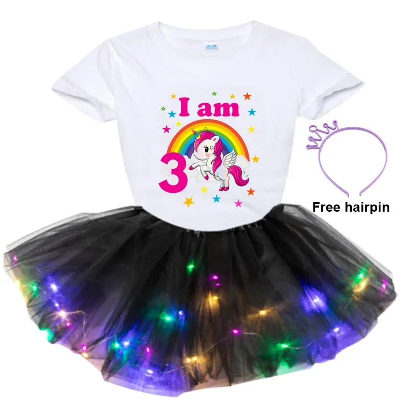 

Birthday Set Outfit Rainbow for Girl Unicorn Cute Tutu Skirt Princess Dress Kids Party Sequin Light Dress Tutu Christmas Skirt