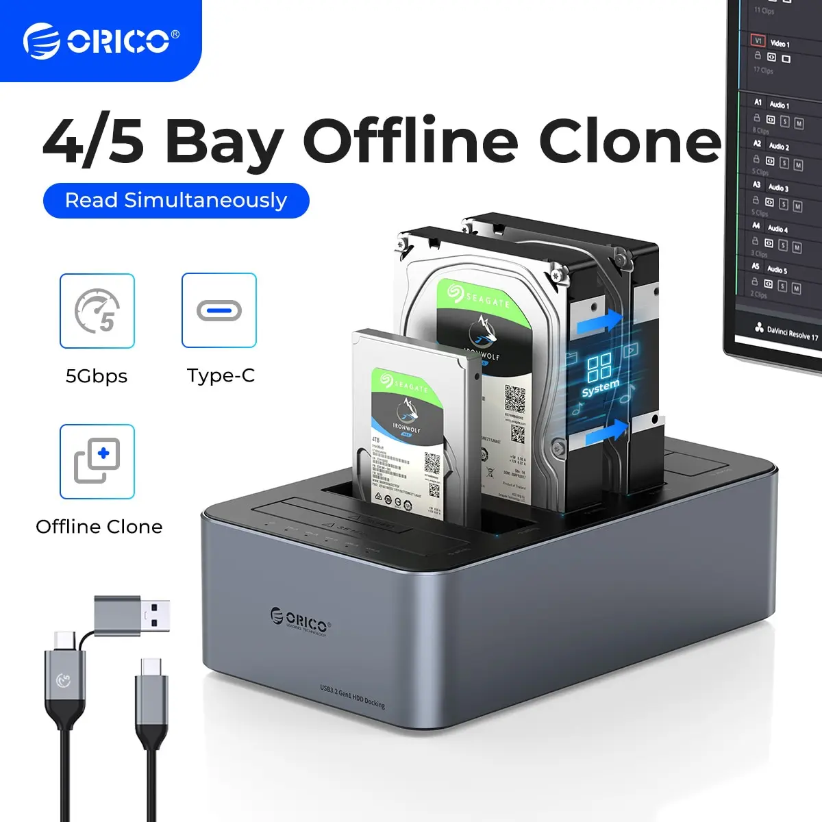 ORICO Aluminum Hard Drive Station Type-C 5Gbps with Offline Clone 2.5/3.5