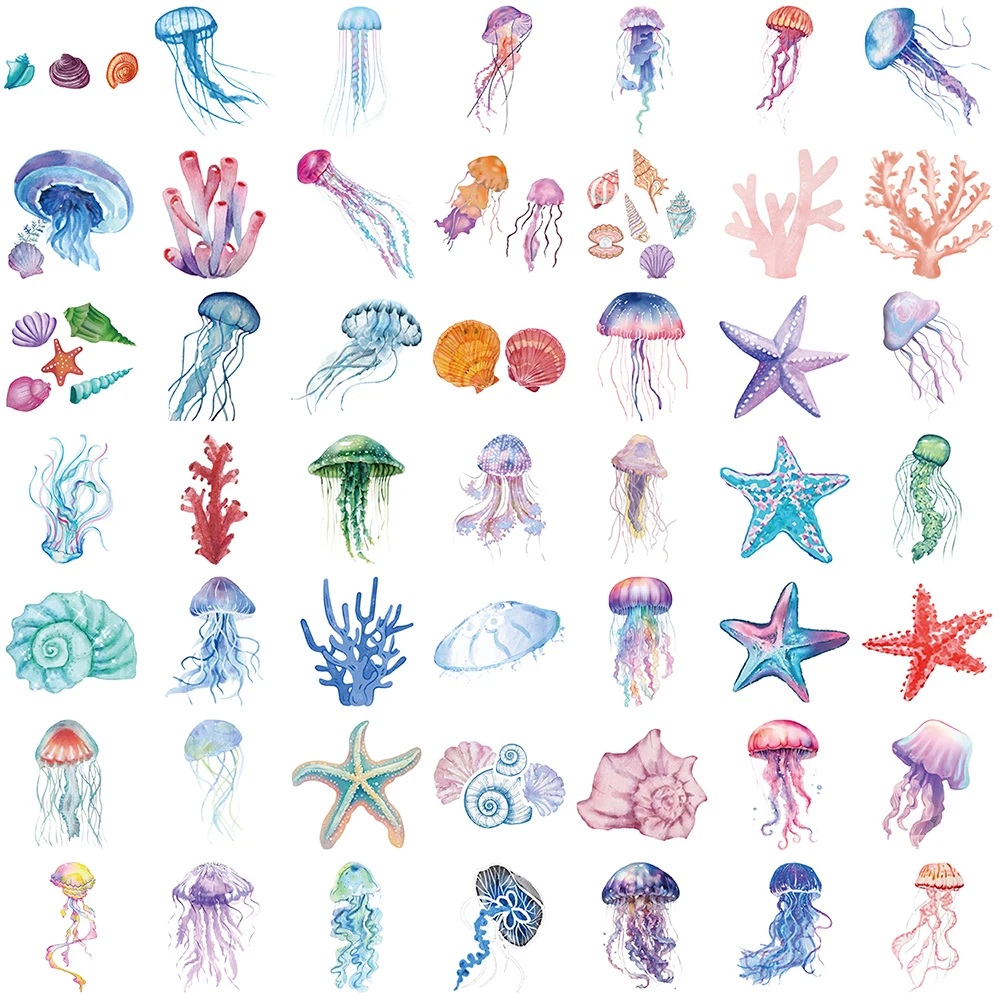 10/30/50pcs Transparent Set of Tropical Fish Stickers Cartoon Jellyfish Sea Star Shell Decals DIY Luggage Phone Laptop Sticker 6