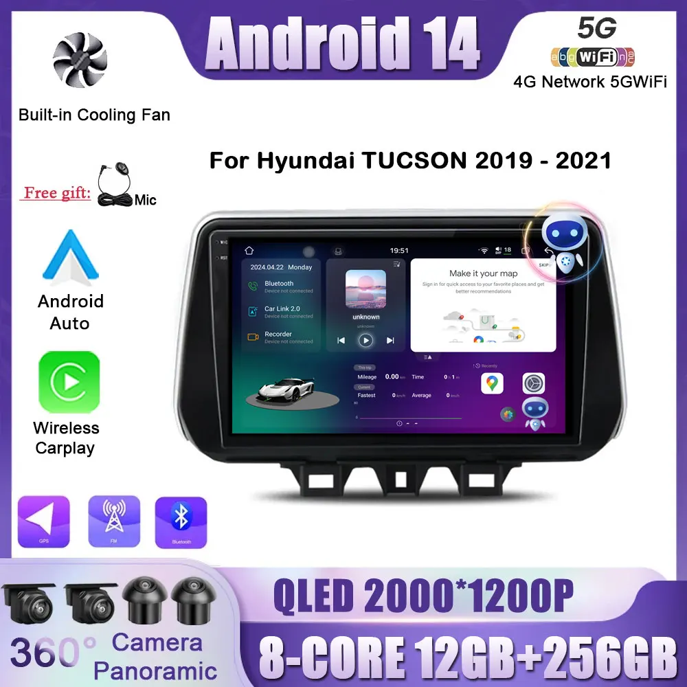 For Hyundai TUCSON 2019 2020 2021 Android 14 Wireless Carplay Car Radio Multimedia Player Head Unit GPS Navigation WIFI Stereo