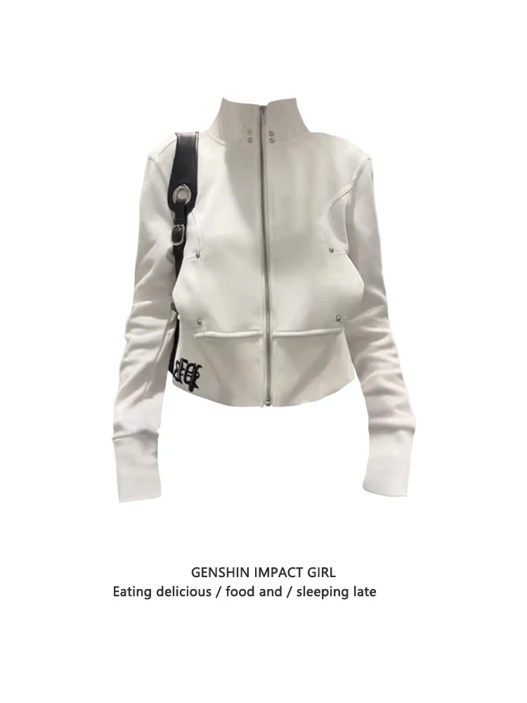 

Gothic Style Zipper Short Cardigan Women's Spring Autumn Trendy Top Slim Fit Stand Collar Long Sleeve Sweatshirt Versatile