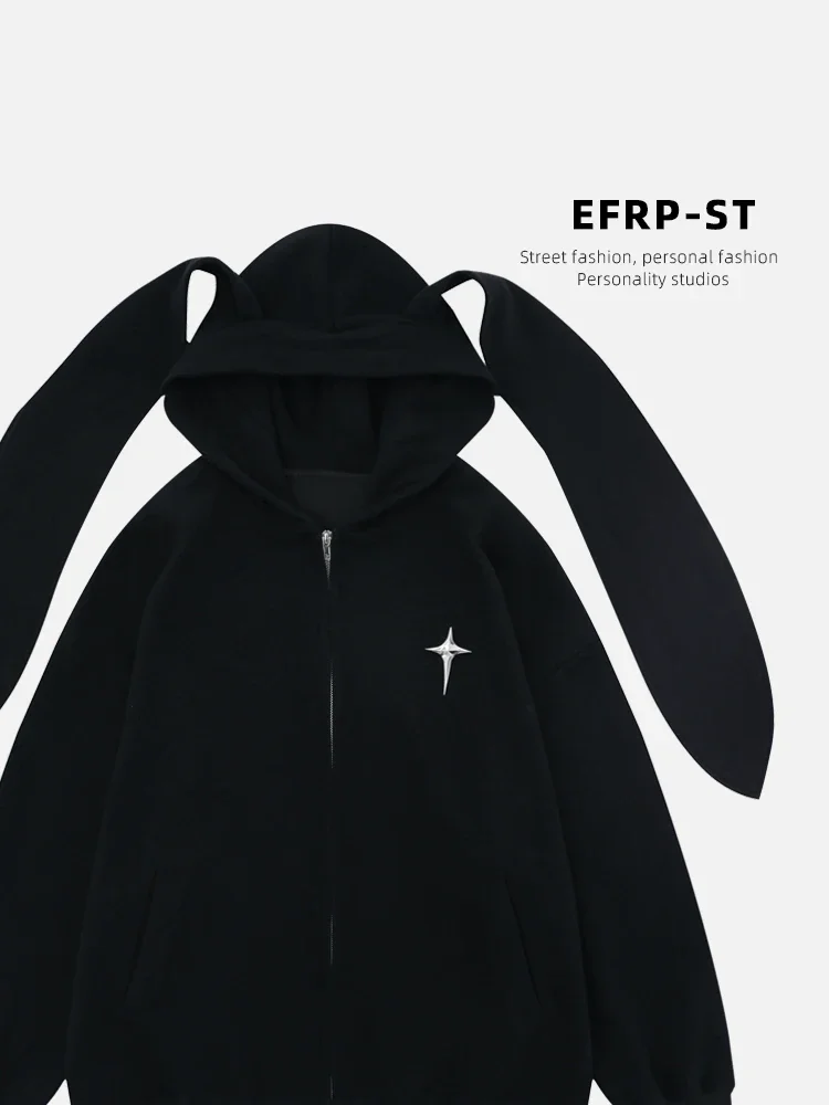 Niche Design Rabbit Ears Sweatshirt Jacket Women and Men Neutral Hooded Hoodies Cardigan Coat New Autumn and Winter Clothes